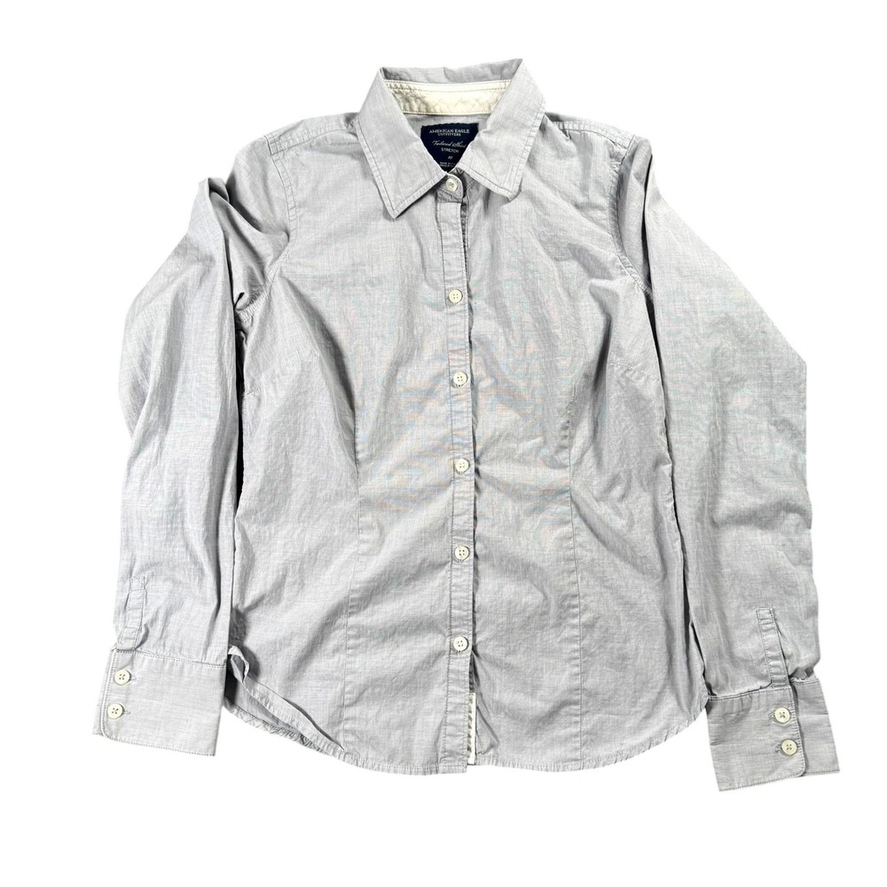 American Eagle Outfitters Shirt Girls 10 Gray Striped Tailored Stretch Button